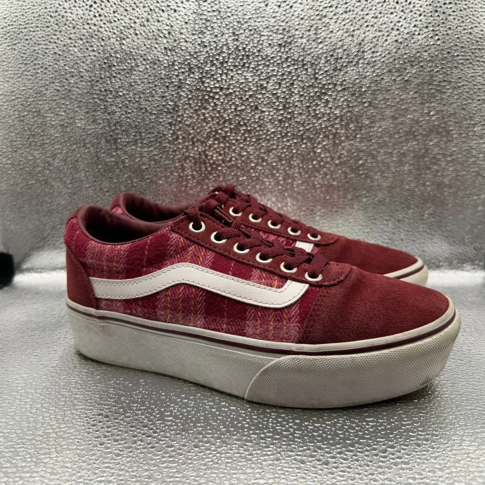 Size 7 Vans Ward Platform Plaid Mix Port Burgundy Suede Womens Sneakers 721356